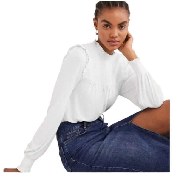 Boden Shirt Women 8 White Smocked Yoke Jersey Knit Top NWT Preppy Boho Cottage - Picture 1 of 15